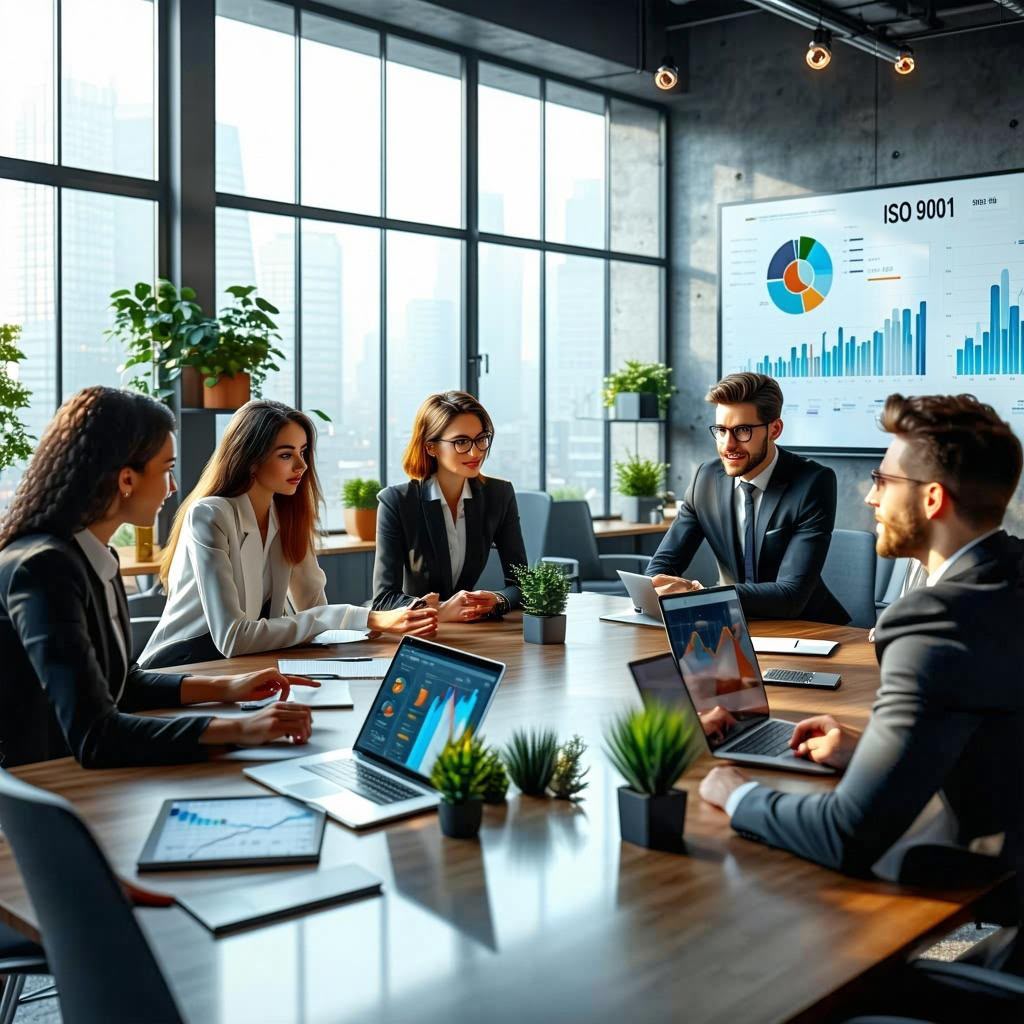ISO 9001 quality management team meeting in a modern office